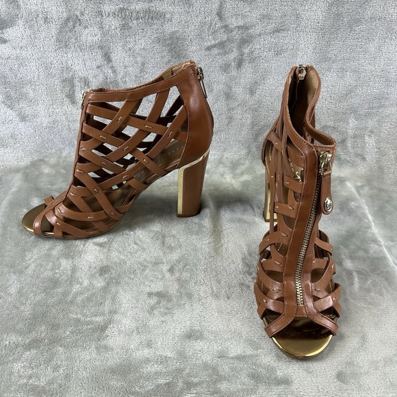 Ivanka Trump Heels Women's 9.5 Tan Brown Gold Leather Gladiator "Iterica" - Picture 1 of 12